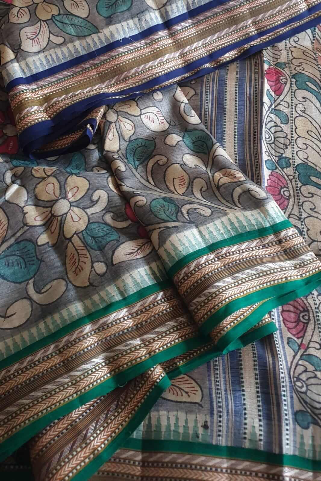Pen Kalamkari work on handwoven Vidarbha Karvati kinar Tussar silk saree -  Ecommerce
