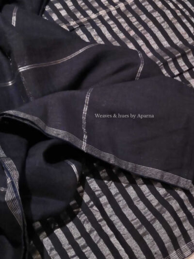 Handwoven Pure Linen saree in organic natural dark blackish Indigo colour