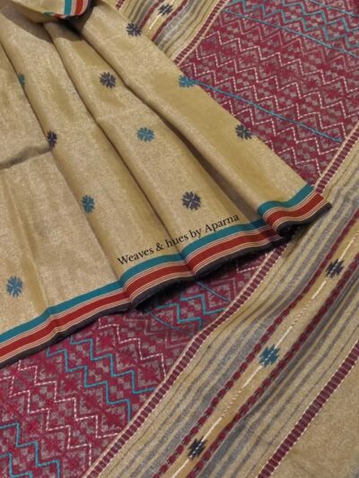Handwoven Tissue Cotton saree with kantha stick work