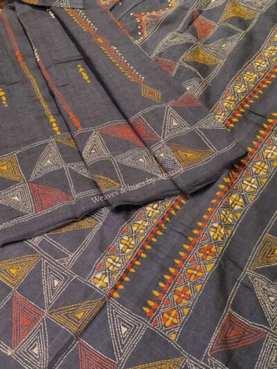 Handwoven Pure soft Cotton saree with kantha hand embroidery work
