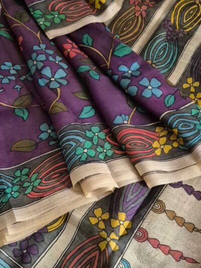 Hand Pen Kalamkari art in organic colours done on Handwoven Soft Mulberry Silk saree