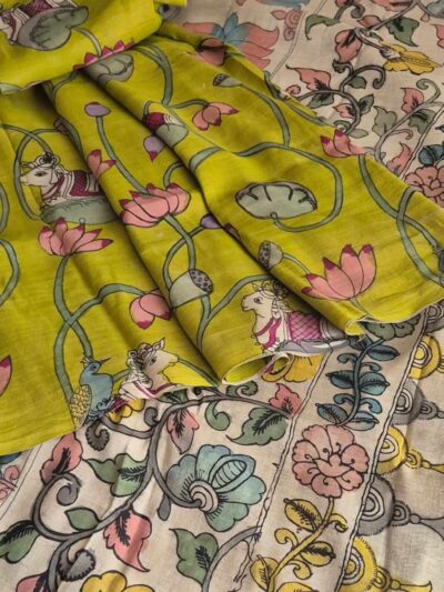 Hand Pen Kalamkari work in organic colours done on Handwoven Cotton Linen saree